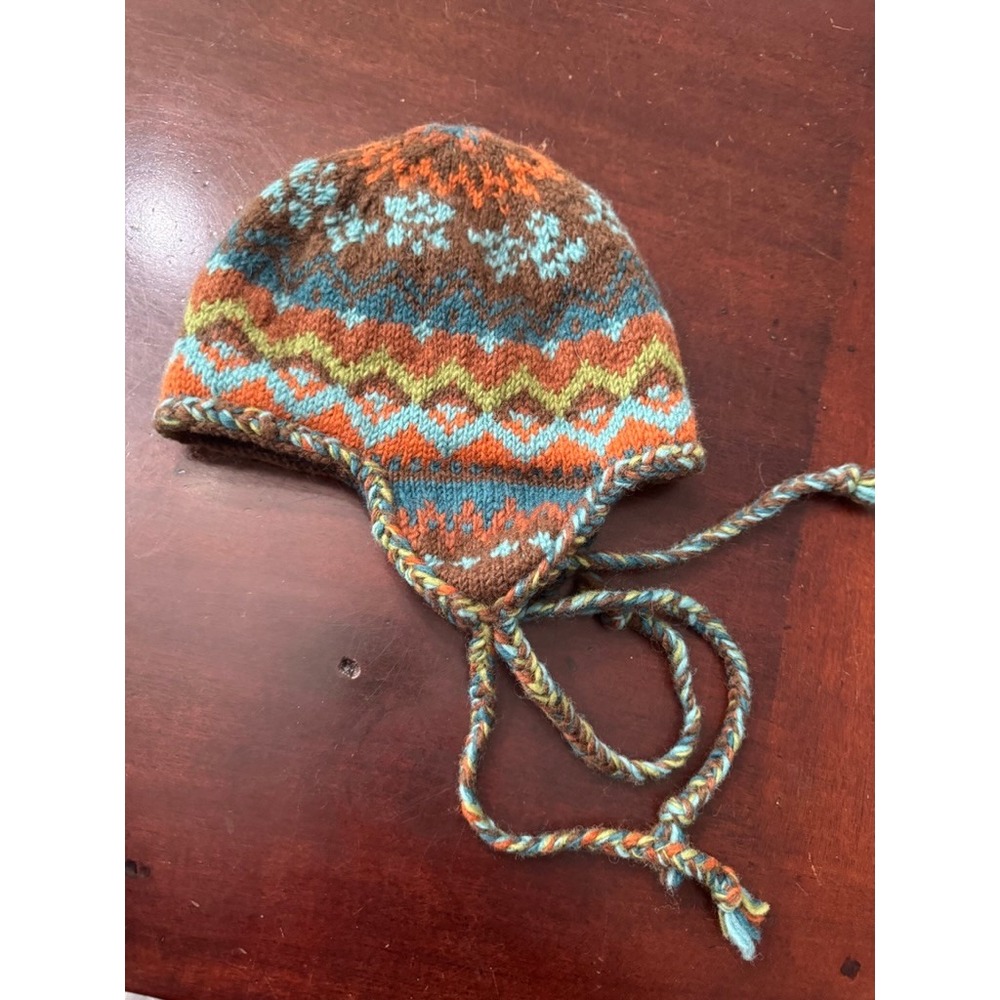 Newari Hand Knit Wool Earflap Beanie Hat Icelandic Fleece Lined Brown Teal - Picture 3 of 5